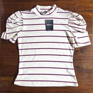Forever 21 Striped Puff Sleeve Mock Neck Ribbed Knit Top M Nude Berry
